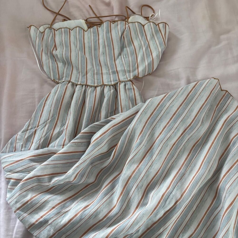BOUTIQUE Blue Orange Scalloped Open Back Tie Striped Medium Women's Dress
